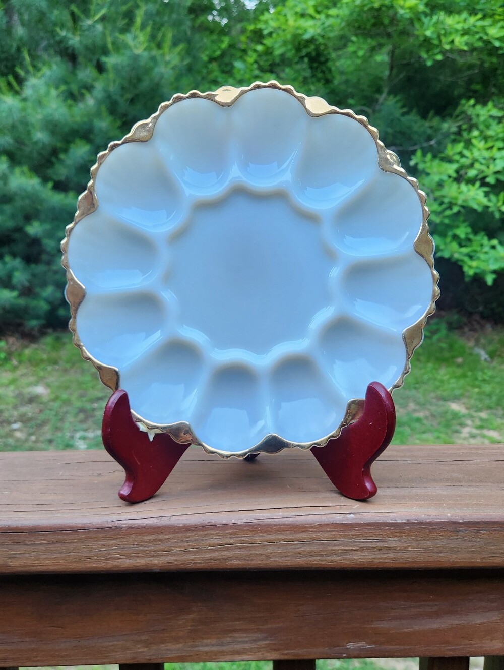 Vintage Anchor Hocking Fire King Milk Glass Deviled Egg Platter With Gold Trim